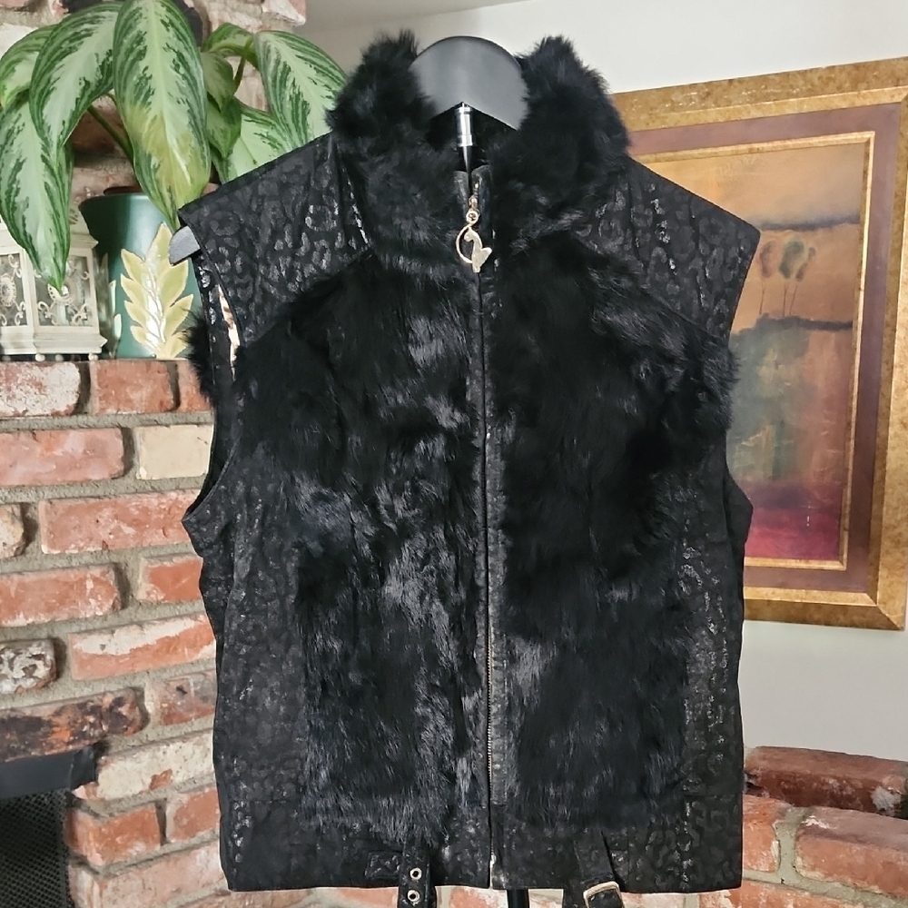 Baby Phat Genuine Leather Rabbit Fur Vest Black Y2K Kimora Lee Simmons Glam